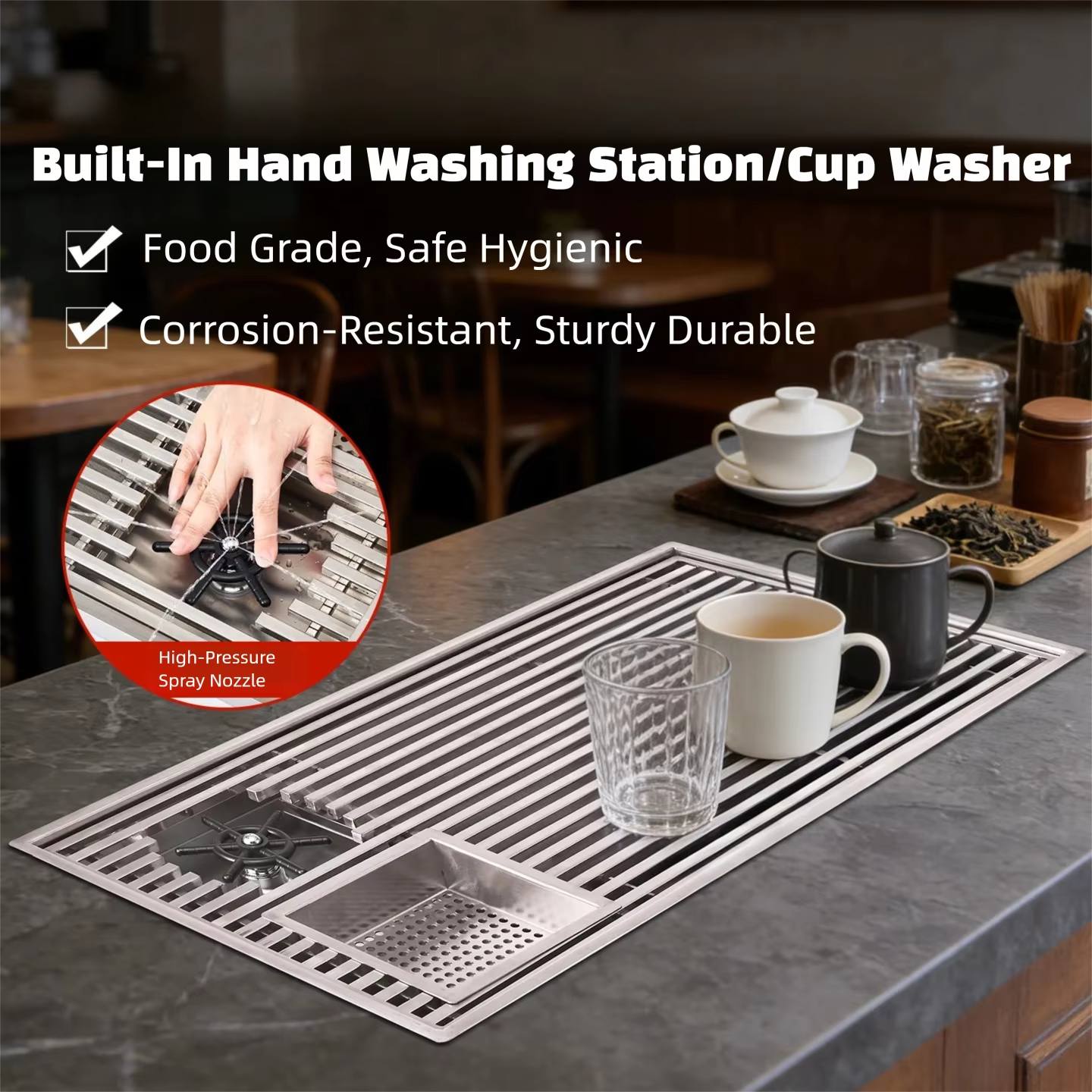 Coffee Tea Stand - Modernes Einbau-Teetablett mit Abfluss, gebürstete Oberfläche,