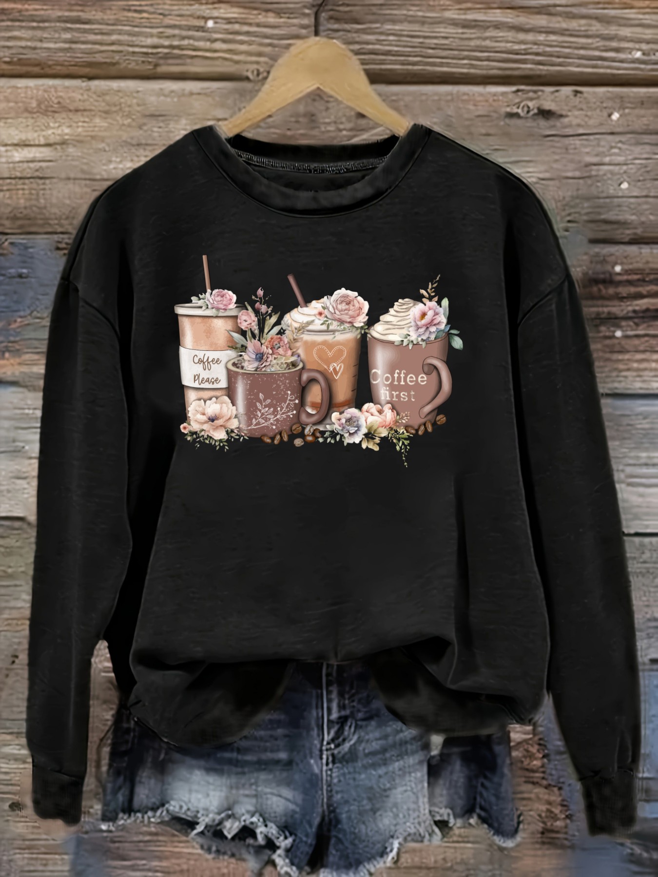 Coffee & Tea Restaurant - Damen-Freizeit-T-Shirt mit langen Ärmeln und Rundhalsausschnitt,